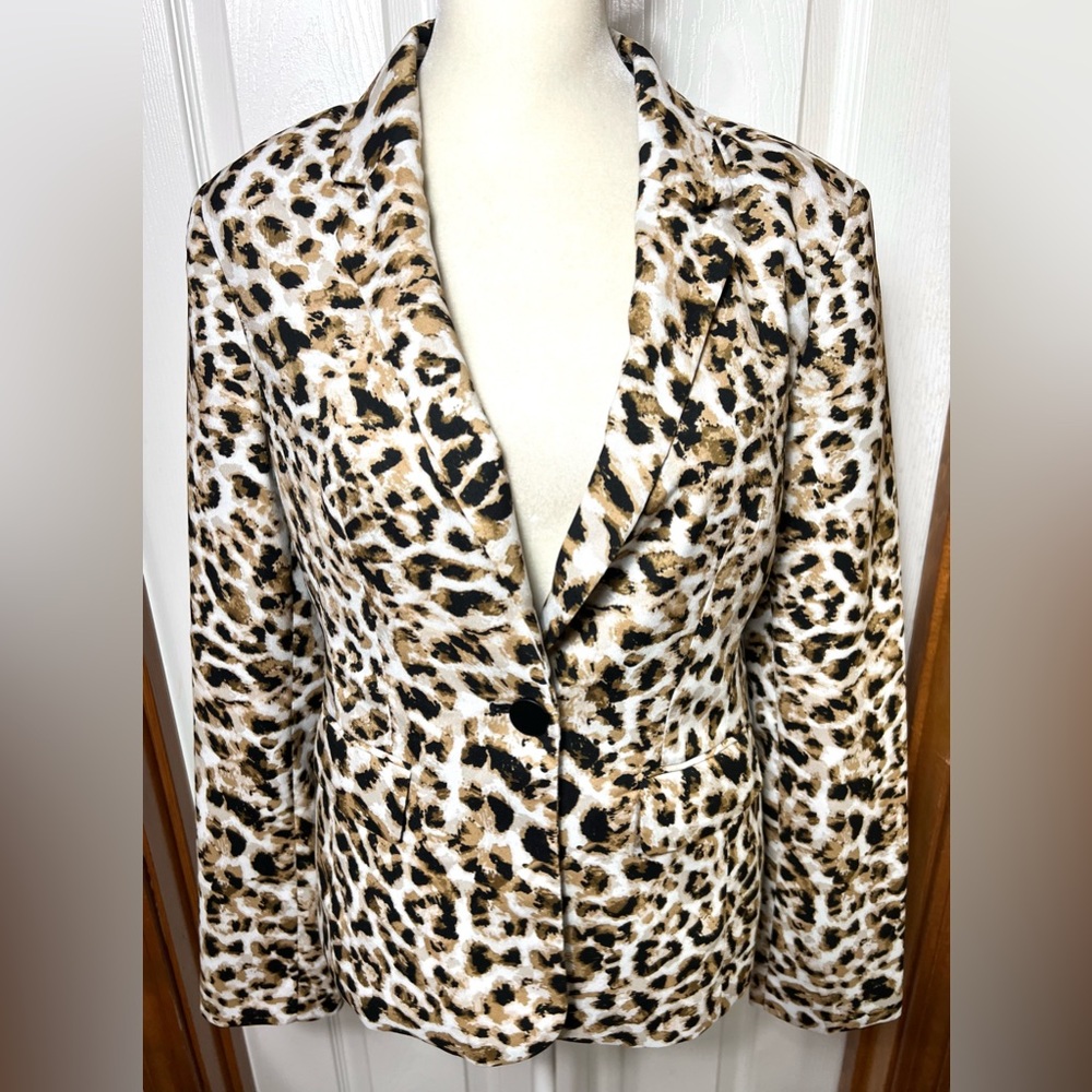 CK Calvin Klein Blazer Dress Jacket Lightweight Leopard Print Beige/Black 6(S)